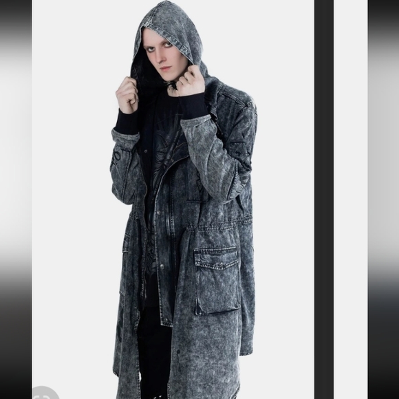 Nwt gothic Killstar duster GORGEOUS trench coat w hood! Acid washed unisex denim - Picture 5 of 16